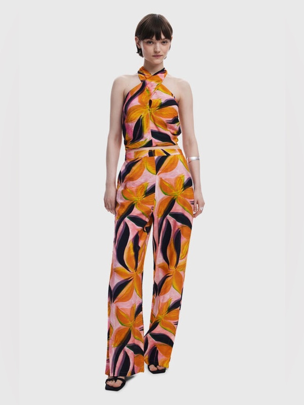 Desigual Floral Print Split Hem Wide Leg Trousers Resortwear Tropical Vibrant